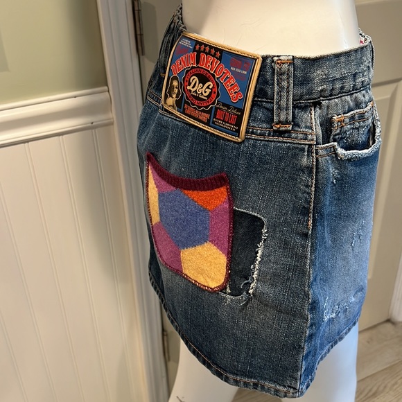 Dolce & Gabbana Distressed Denim Mini Skirt Colorful Sweater Knit Patches 90s - Picture 4 of 15